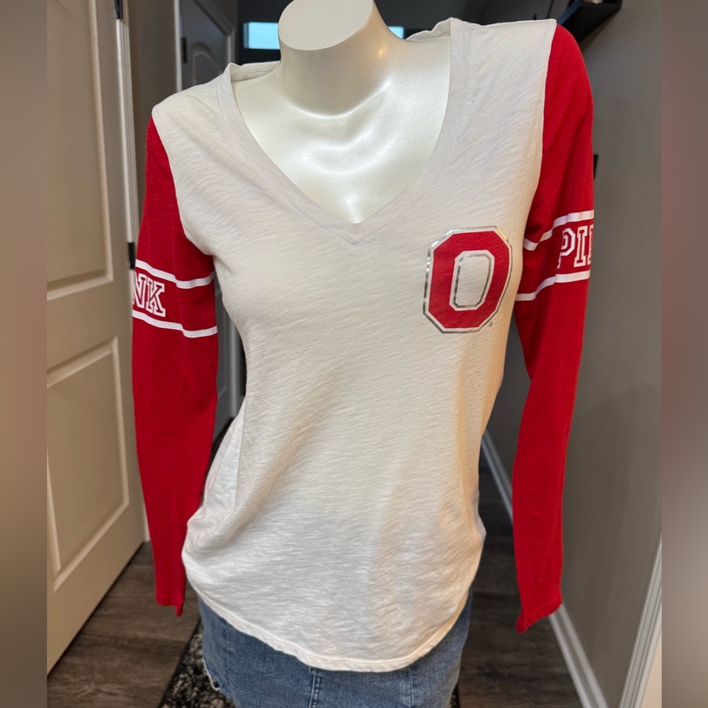 PINK Victoria's Secret OHIO STATE BUCKEYES OSU Shirt Sz XS White Red Silver